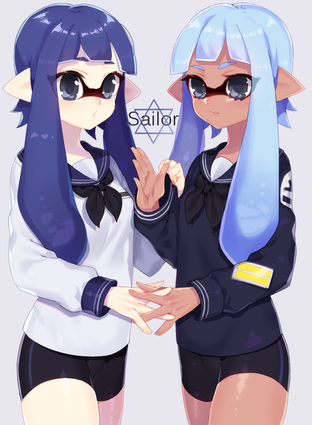 Anime picture 589x800 with splatoon nintendo inkling etsuo tall image fringe short hair simple background multiple girls payot blue hair pointy ears grey background grey eyes holding hands eyebrows tentacle hair girl uniform 2 girls
