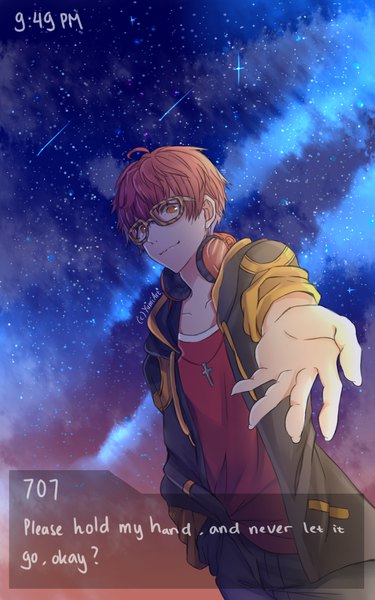 Anime picture 800x1280 with mystic messenger 707 (mystic messenger) yumicia single tall image looking at viewer short hair signed light smile orange hair night orange eyes night sky text english hand in pocket outstretched hand headphones around neck boy glasses