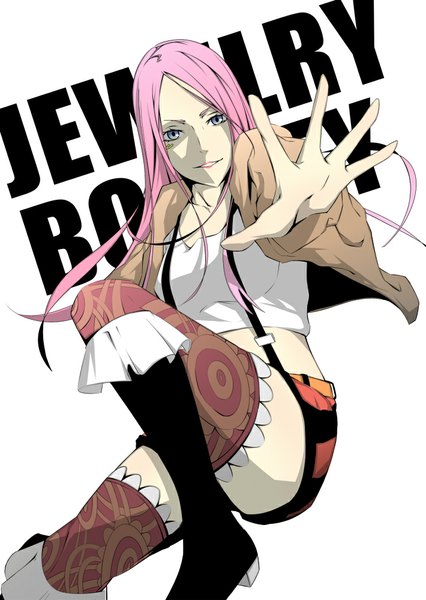 Anime picture 710x1000 with one piece toei animation jewelry bonnie sungi single long hair tall image looking at viewer blue eyes simple background smile white background pink hair character names piercing girl thighhighs shorts knee boots suspenders