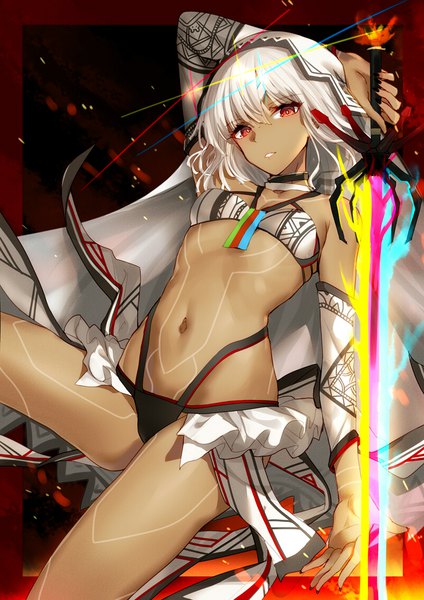 Anime picture 800x1131 with fate (series) fate/grand order altera (fate) bison cangshu single tall image looking at viewer fringe short hair light erotic hair between eyes holding brown eyes white hair dark skin arm behind head framed bodypaint girl navel