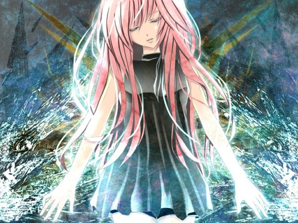 Anime picture 1024x768 with vocaloid megurine luka aonoe single long hair fringe pink hair eyes closed lips girl dress