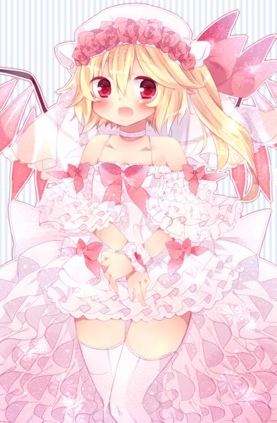 Anime picture 1677x2563 with touhou flandre scarlet single long hair tall image blush open mouth blonde hair red eyes bare shoulders girl thighhighs dress white thighhighs wings