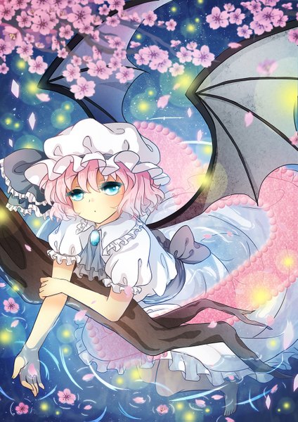 Anime picture 1000x1415 with touhou remilia scarlet emia wang single tall image short hair blue eyes pink hair cherry blossoms girl dress flower (flowers) petals wings bonnet
