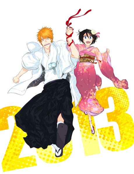 Anime picture 2000x2609 with bleach studio pierrot kurosaki ichigo kuchiki rukia hiroto touya tall image highres short hair open mouth blue eyes black hair simple background white background brown eyes traditional clothes japanese clothes hair flower orange hair couple holding hands