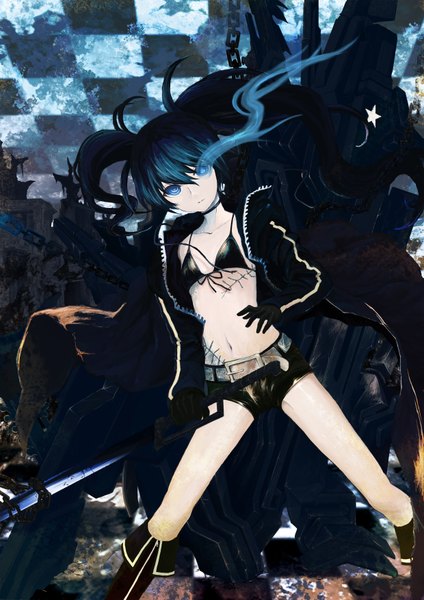 Anime picture 1240x1754 with black rock shooter black rock shooter (character) mokyutan single long hair tall image blue eyes black hair twintails scar checkered girl weapon sword shorts belt star (symbol) chain bikini top