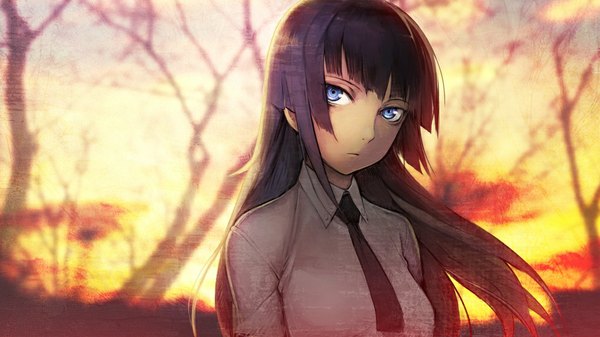 Anime picture 1023x576 with phenomeno mitsurugi yoishi namaniku atk single long hair fringe blue eyes wide image looking away purple hair wind evening sunset girl plant (plants) shirt tree (trees) necktie