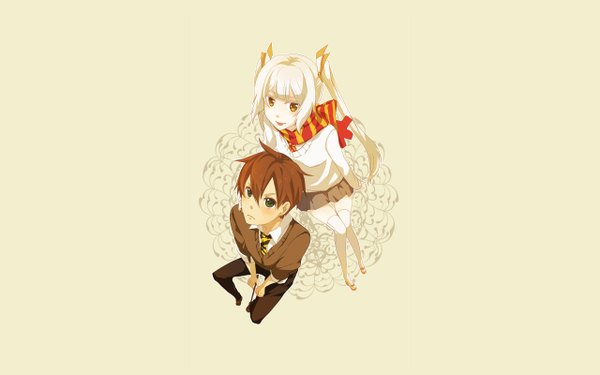Anime picture 2560x1600 with harry potter tagme (character) long hair blush highres short hair simple background brown hair wide image white hair braid (braids) black eyes orange eyes twin braids :p girl thighhighs boy skirt white thighhighs