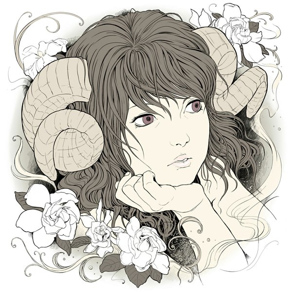 Anime picture 999x1000 with original sakkan (artist) single long hair tall image white background looking away horn (horns) monochrome portrait face chin rest hands on face partially colored girl flower (flowers)