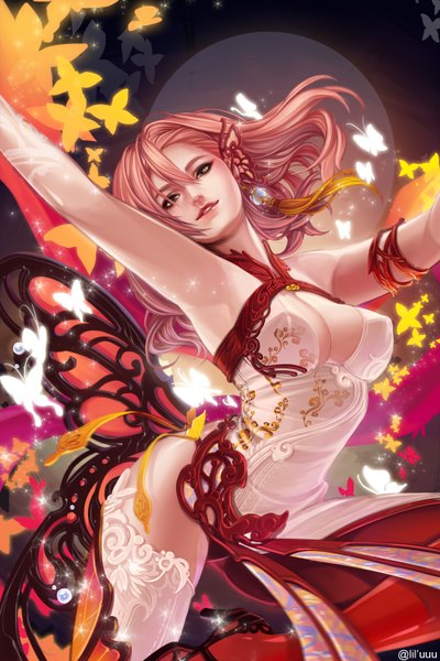 Anime picture 1000x1500 with kaka cheung single long hair tall image looking at viewer breasts light erotic brown eyes red hair lips no bra armpit (armpits) glow insect wings butterfly wings girl dress wings