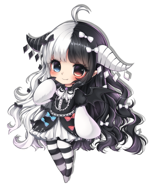 Anime picture 1885x2322 with midna01 single tall image blush fringe highres blue eyes black hair smile red eyes ahoge white hair very long hair multicolored hair horn (horns) two-tone hair fang (fangs) heterochromia transparent background bat wings
