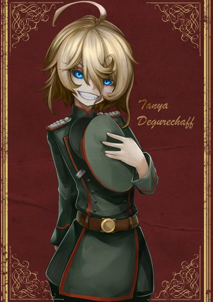 Anime picture 1061x1500 with youjo senki tanya degurechaff hachachi single tall image looking at viewer fringe short hair open mouth blue eyes simple background blonde hair smile hair between eyes standing upper body ahoge long sleeves arm up inscription