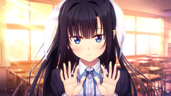 Anime picture 1280x720 with omokage tachibana gekka single long hair looking at viewer blush blue eyes black hair wide image game cg girl uniform ribbon (ribbons) hair ribbon school uniform