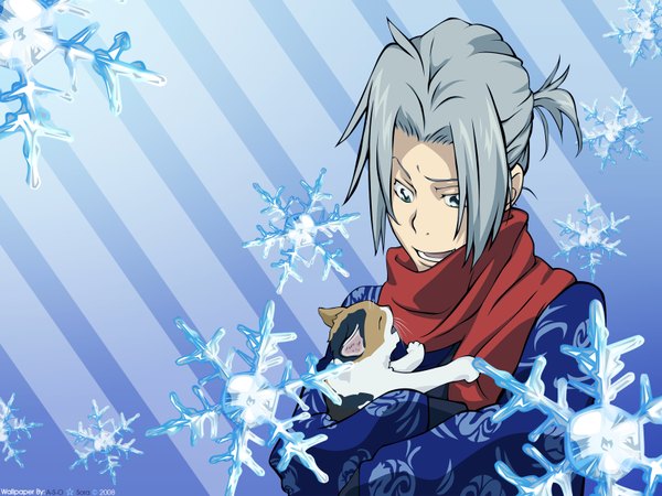 Anime picture 1600x1200 with katekyou hitman reborn gokudera hayato grey hair striped background boy scarf cat snowflake (snowflakes) red scarf