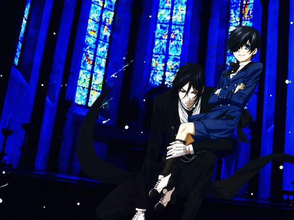 Anime picture 1024x768 with kuroshitsuji a-1 pictures sebastian michaelis ciel phantomhive looking at viewer short hair blue eyes black hair smile red eyes multiple boys butler boy gloves necktie bowtie 2 boys feather (feathers) eyepatch suit