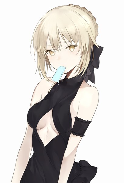 Anime picture 665x978 with fate (series) fate/grand order artoria pendragon (all) artoria pendragon (alter swimsuit rider) (fate) lpip single tall image looking at viewer blush fringe short hair breasts light erotic simple background blonde hair hair between eyes white background bare shoulders holding yellow eyes