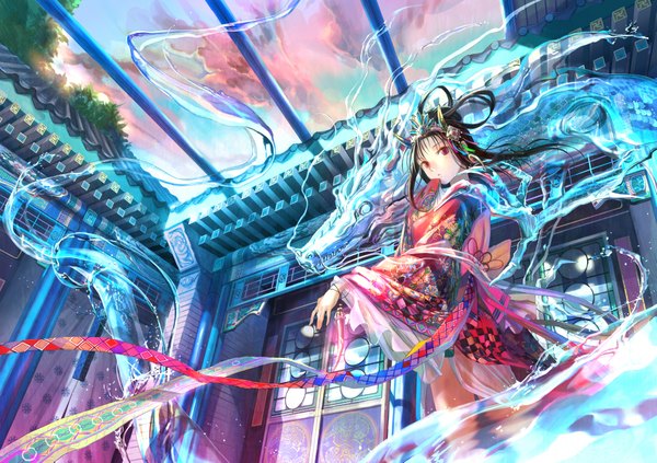 Anime picture 2047x1445 with original fuzichoco long hair highres black hair red eyes japanese clothes girl ribbon (ribbons) water dragon claws