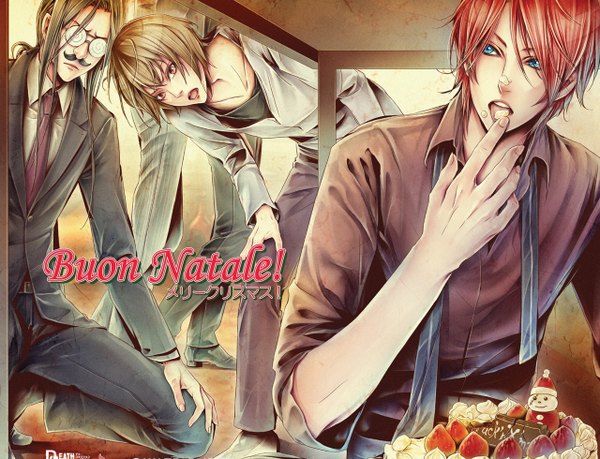 Anime picture 1280x980 with death connection vicious (dc) leonardo short hair open mouth blue eyes brown hair red hair group boy glasses necktie food sweets tongue pants table suit berry (berries) cake