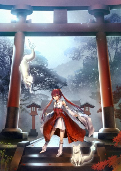 Anime picture 707x1000 with inari konkon koi iroha production ims oki (koi0koi) single long hair tall image looking at viewer twintails brown eyes red hair traditional clothes miko girl plant (plants) detached sleeves animal tree (trees) leaf (leaves) torii fox