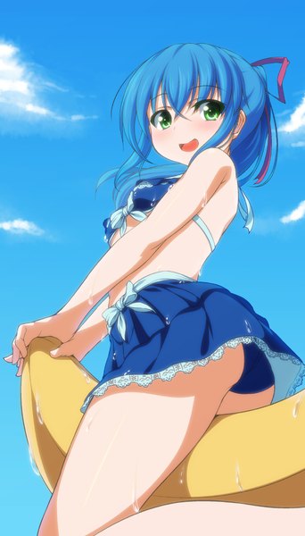 Anime picture 800x1400 with original towarikori single long hair tall image looking at viewer blush fringe breasts open mouth light erotic smile hair between eyes bare shoulders holding green eyes payot blue hair sky cloud (clouds)