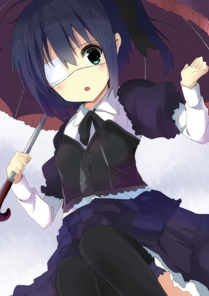 Anime picture 1500x2122 with chuunibyou demo koi ga shitai! kyoto animation takanashi rikka kokumu single tall image short hair open mouth black hair green eyes girl thighhighs dress black thighhighs umbrella eyepatch