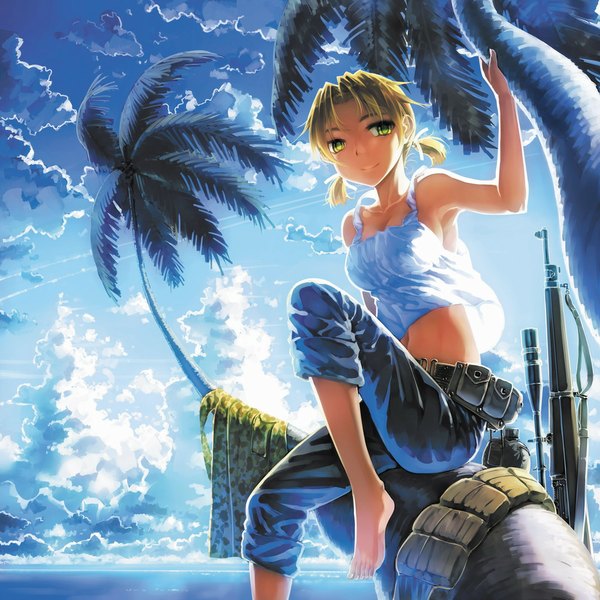 Anime picture 1000x1000 with siqi (miharuu) single looking at viewer short hair blonde hair smile sitting bare shoulders green eyes sky cloud (clouds) barefoot arms up armpit (armpits) midriff horizon legs up military soldier girl