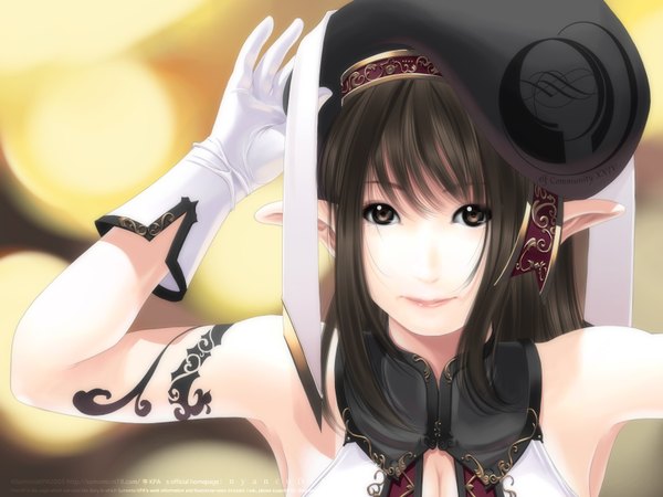 Anime picture 1600x1200 with sumomo kpa single long hair looking at viewer fringe brown hair bare shoulders brown eyes signed cleavage pointy ears realistic wallpaper portrait girl gloves white gloves beret