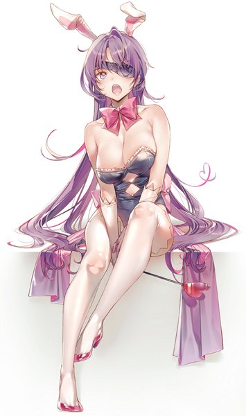 Anime picture 600x1013 with mirai nikki uryuu minene dsmile single long hair tall image looking at viewer blush breasts open mouth light erotic simple background white background sitting purple eyes bare shoulders animal ears purple hair bent knee (knees) fake animal ears