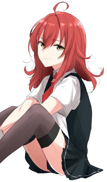 Anime picture 597x1010 with kantai collection arashi destroyer morinaga (harumori) single long hair tall image looking at viewer fringe simple background hair between eyes white background sitting brown eyes ahoge red hair light smile girl thighhighs uniform black thighhighs