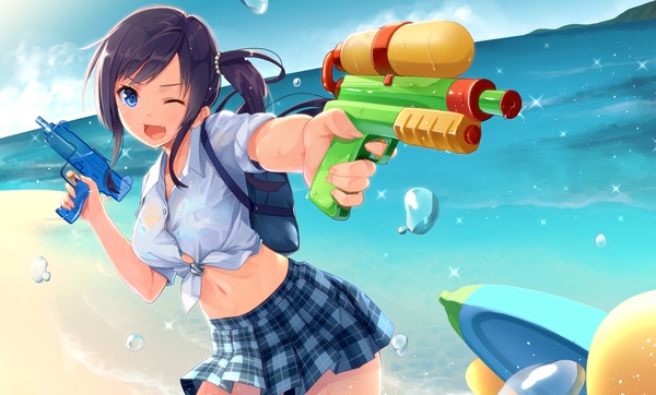 Anime picture 1653x1000 with original meso-meso long hair fringe open mouth blue eyes light erotic black hair wide image pleated skirt one eye closed wink bare belly sparkle side ponytail happy wet clothes wet shirt girl skirt