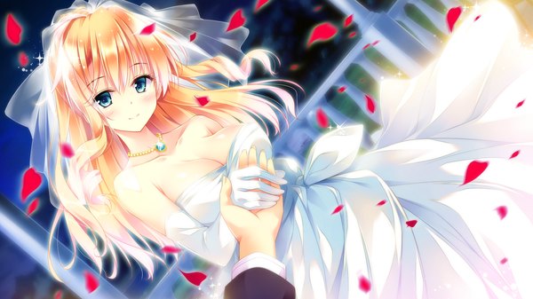 Anime picture 1920x1080 with golden marriage ensemble (studio) kasugano yukariko long hair blush highres blue eyes blonde hair smile wide image bare shoulders game cg wedding girl dress gloves petals elbow gloves wedding dress wedding veil