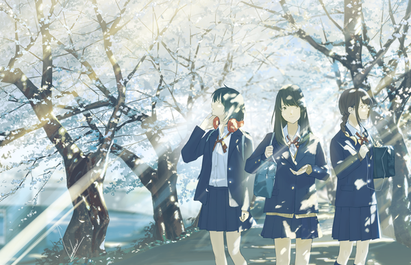Anime picture 1363x881 with original loundraw long hair fringe short hair brown hair standing multiple girls holding brown eyes signed payot looking away ahoge outdoors braid (braids) long sleeves profile pleated skirt sunlight