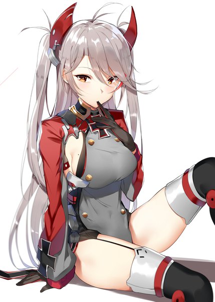 Anime picture 2590x3624 with azur lane prinz eugen (azur lane) orihi chihiro single long hair tall image looking at viewer blush fringe highres breasts light erotic simple background hair between eyes white background sitting brown eyes silver hair ahoge bent knee (knees)