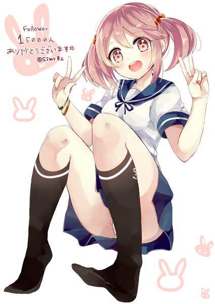 Anime picture 700x988 with kantai collection sazanami destroyer shijima (sjmr02) single tall image looking at viewer blush short hair open mouth light erotic white background twintails pink hair nail polish pink eyes pantyshot no shoes text short twintails victory