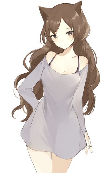 Anime picture 650x1027 with original lpip single long hair tall image looking at viewer blush fringe simple background brown hair standing white background bare shoulders brown eyes animal ears head tilt cat ears cat girl wavy hair arm behind back