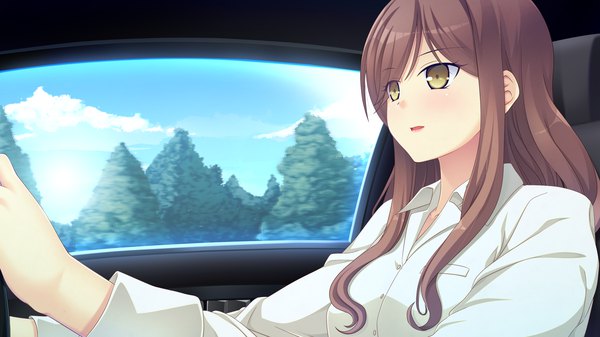 Anime picture 2560x1440 with kanojo step single long hair highres brown hair wide image brown eyes looking away game cg girl shirt white shirt ground vehicle car