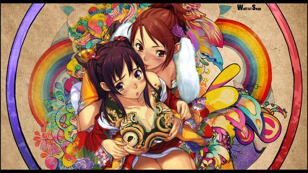 Anime picture 1500x844 with original tony taka snyp (r0pyns) long hair blush light erotic brown hair wide image twintails multiple girls brown eyes nail polish hair flower short twintails breast grab covering covering breasts abstract girl hair ornament