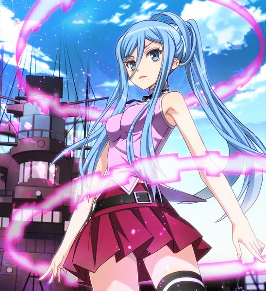 Anime picture 1005x1100 with aoki hagane no arpeggio takao (aoki hagane no arpeggio) nyoronyoro single long hair tall image looking at viewer blue eyes standing bare shoulders blue hair sky cloud (clouds) ponytail pleated skirt mole magic girl thighhighs skirt