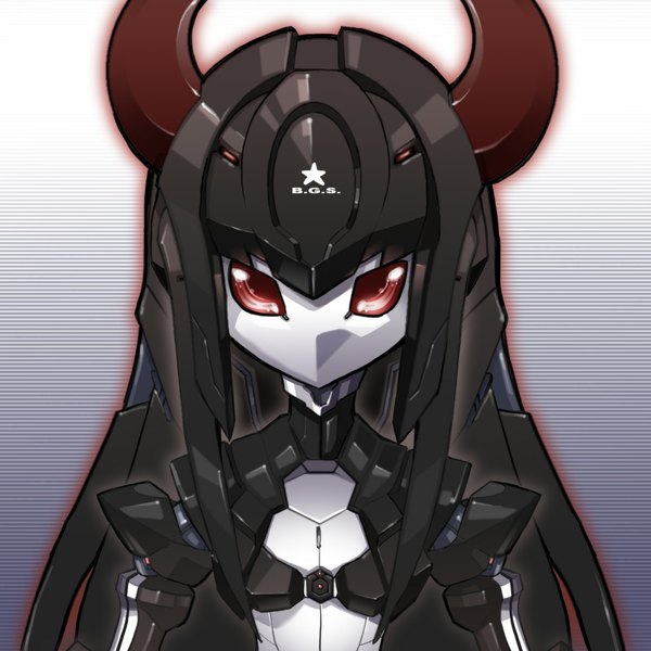 Anime picture 1000x1000 with black rock shooter black gold saw single long hair black hair red eyes horn (horns) parody girl weapon mecha android