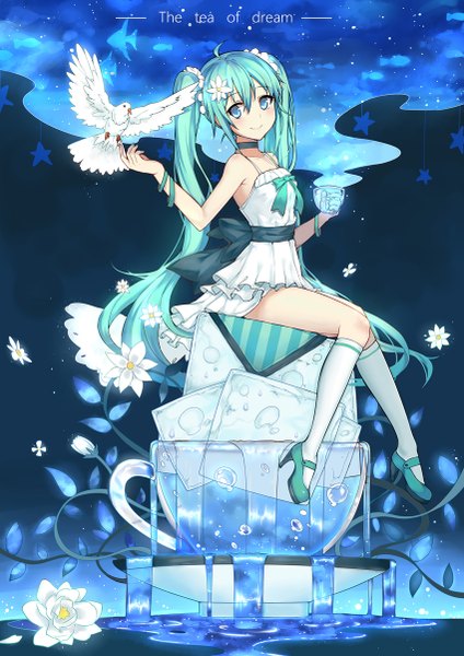 Anime picture 850x1202 with vocaloid hatsune miku black box single long hair tall image fringe blue eyes sitting twintails holding looking away ahoge hair flower aqua hair high heels alternate costume steam bird on hand girl