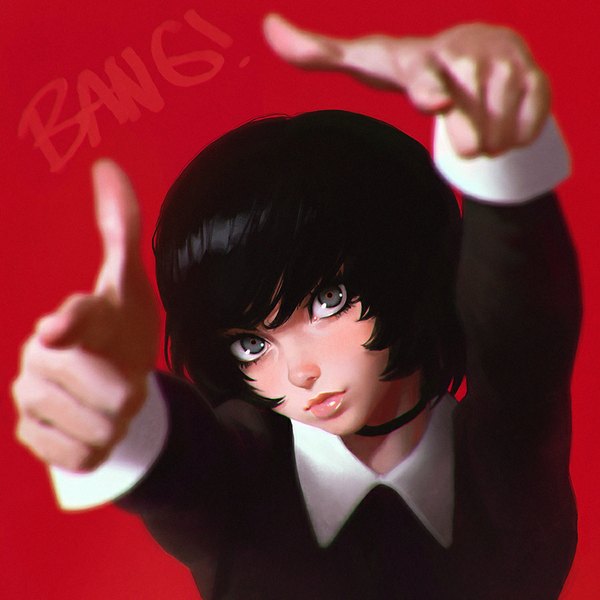 Anime picture 900x900 with original ilya kuvshinov single looking at viewer fringe short hair black hair simple background head tilt from above lips inscription grey eyes lipstick portrait red background pink lipstick revision makeup pointing at viewer