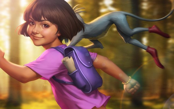 Anime picture 1680x1050 with dora the explorer dora marquez artgerm (stanley lau) looking at viewer short hair smile brown hair wide image brown eyes signed realistic running girl plant (plants) animal tree (trees) bracelet t-shirt child (children) backpack
