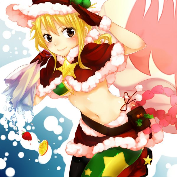 Anime picture 1000x1000 with fairy tail lucy heartfilia krr (strib und werde) single long hair blush blonde hair smile brown eyes bare belly midriff fur trim salute girl thighhighs gloves navel food star (symbol) fur