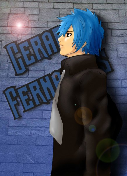 Anime picture 1696x2333 with fairy tail jellal fernandes shierass single tall image short hair blue hair profile black eyes inscription light boy necktie suit wall