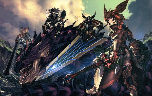 Anime picture 1902x1202 with monster hunter blush highres short hair open mouth blue eyes black hair sky cloud (clouds) looking back horn (horns) teeth fang (fangs) back group girl boy gloves weapon sword