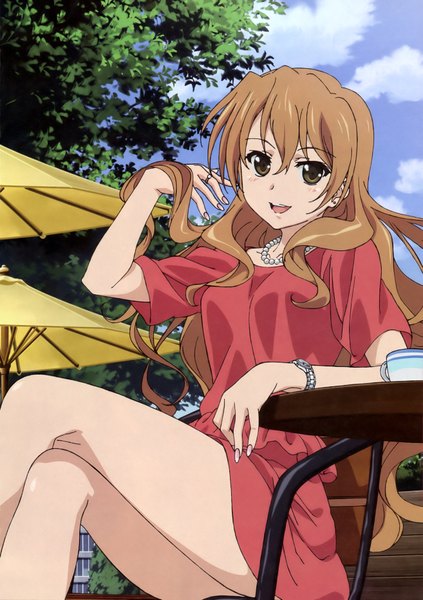 Anime picture 2625x3726 with golden time j.c. staff kaga kouko single long hair tall image looking at viewer blush highres open mouth brown hair sitting brown eyes scan girl dress clock beads pocket watch