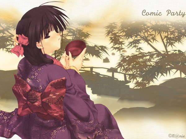 Anime picture 1600x1200 with comic party hasebe aya single long hair looking at viewer black hair sitting signed outdoors japanese clothes profile looking back low ponytail third-party edit girl bow hair bow kimono obi alcohol