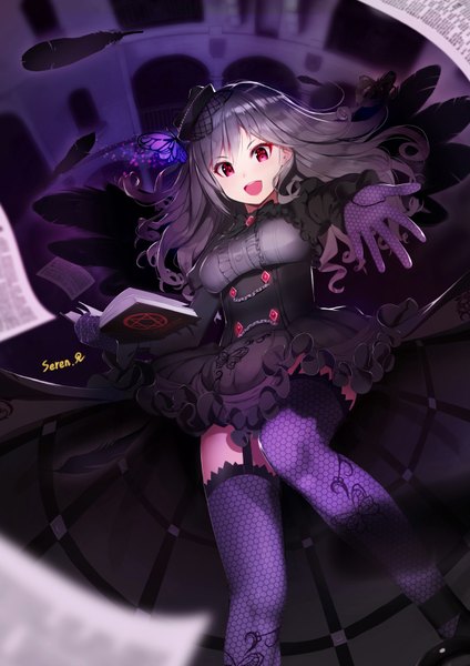 Anime picture 620x877 with idolmaster idolmaster cinderella girls idolmaster cinderella girls starlight stage kanzaki ranko jellytits-7 single long hair tall image looking at viewer fringe open mouth hair between eyes red eyes standing holding signed silver hair from below zettai ryouiki outstretched arm