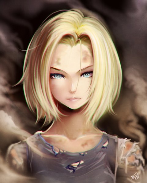 Anime picture 1500x1875 with dragon ball dragon ball z android 18 amaguchi chiyoko single tall image looking at viewer short hair blue eyes blonde hair signed ahoge lips realistic torn clothes black background smoke girl clothes
