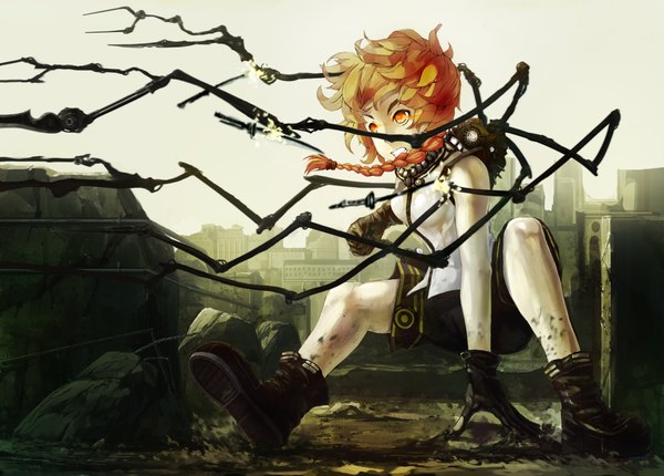 Anime picture 4722x3387 with original shjjy 296 single highres short hair absurdres braid (braids) orange hair orange eyes sleeveless battle mechanical parts girl gloves weapon building (buildings) fist dagger