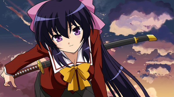 Anime picture 1920x1080 with omamori himari zexcs noihara himari long hair highres wide image purple eyes purple hair cloud (clouds) girl weapon sword katana